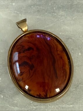Oval lucite faux tortoise Pendant charm in Gold Tone round border frame